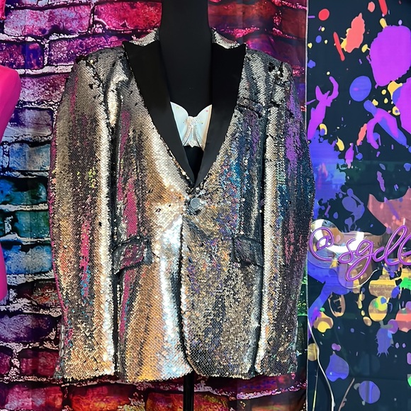 EUC Unisex Silver Sequined Blazer/Coat - Picture 2 of 16